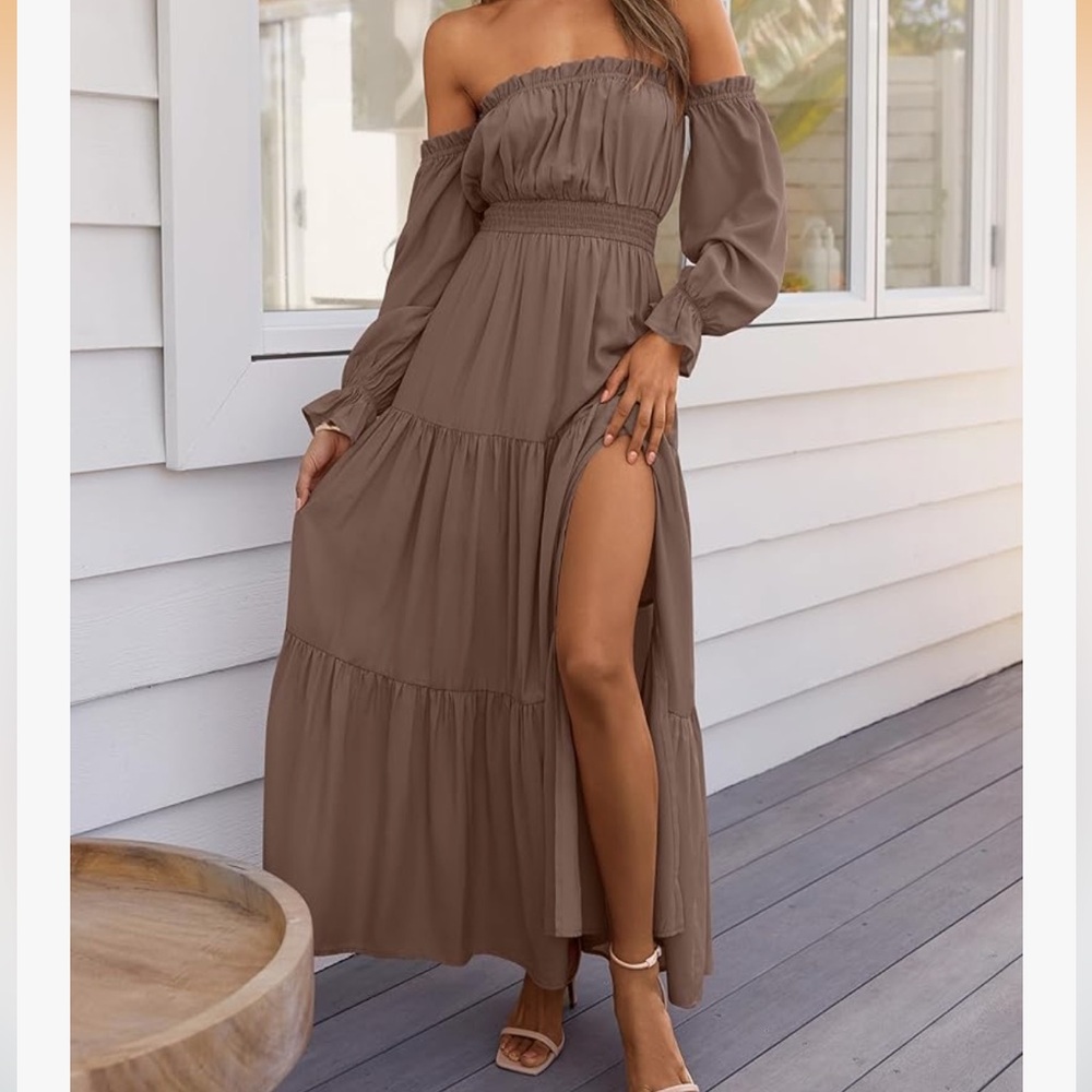Elegant Off-Shoulder Brown Maxi Dress